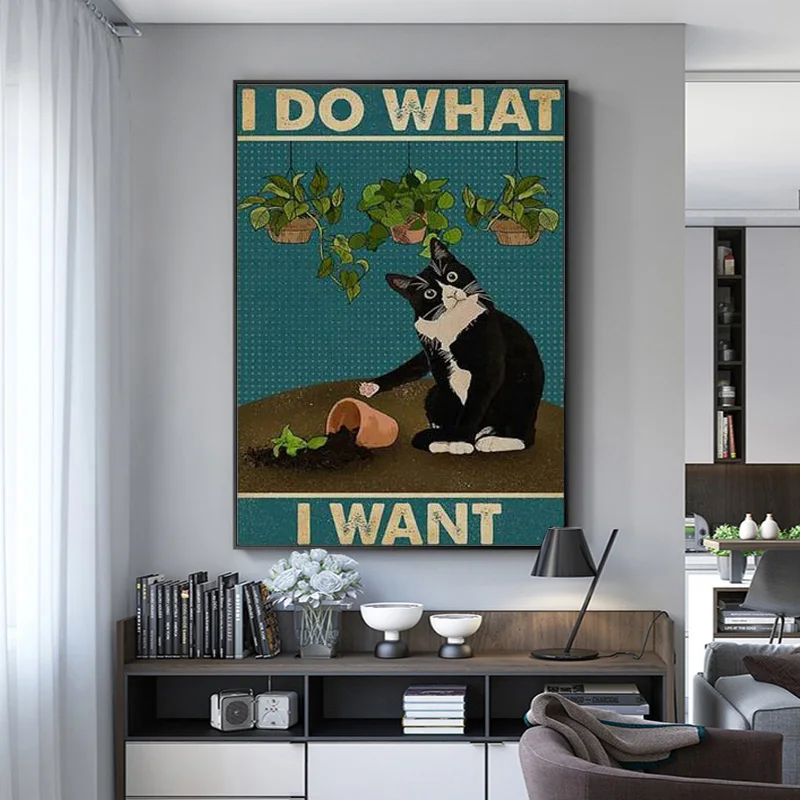 Креативная Картина на холсте с мультяшным черным котом плакат и принты Настенная