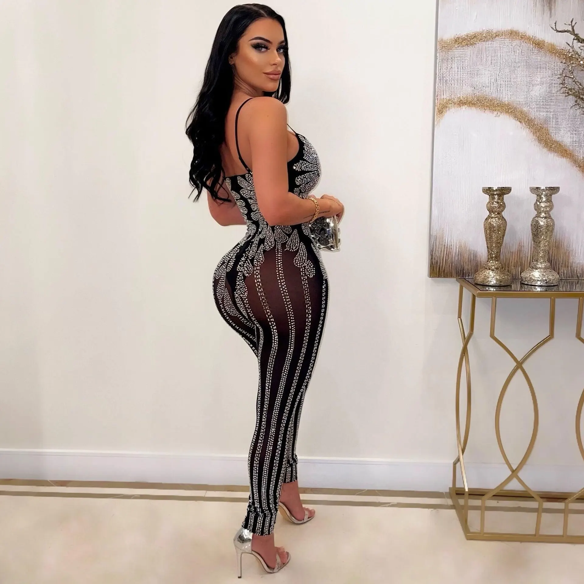 Women See Through Mesh Pants Birthday Party Club Outfits Crystal Rhinestone Sexy Bodycon Jumpsuit for