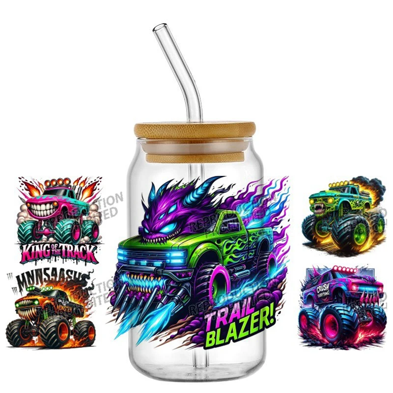 Фото Наклейка для кружки Monster Truck Shark DIY с УФ-печатью DTF, принт «Пламя» для автомобиля, для DIY-стаканов, УФ-наклейка DTF для стаканов 16 унций, для банок №1