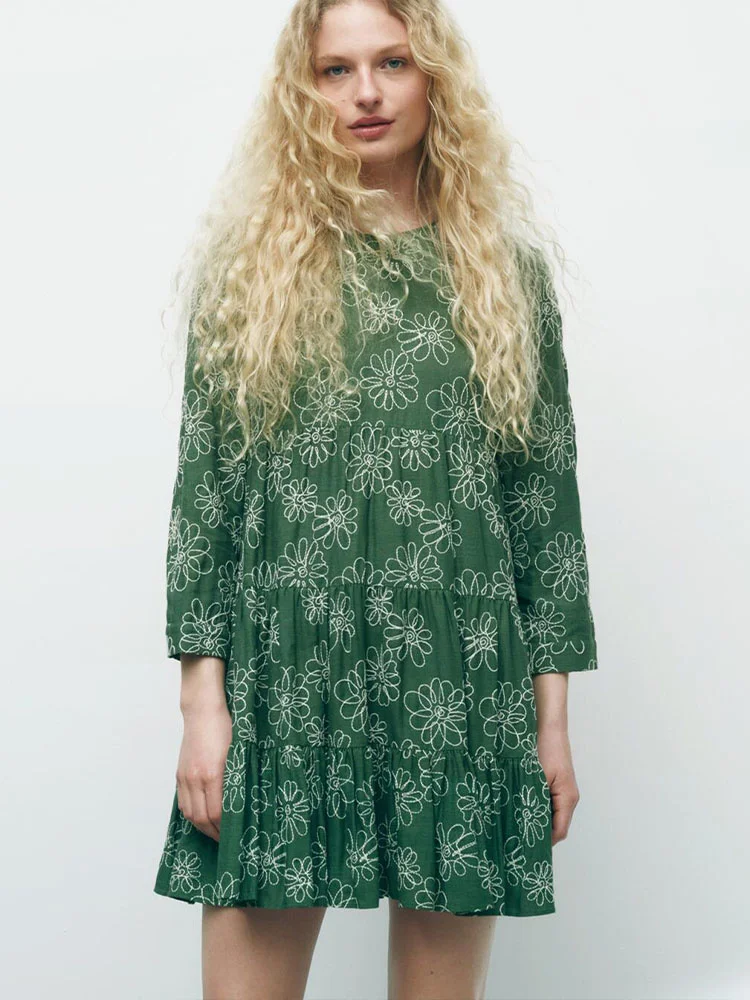 

Женское Короткое платье в стиле ретро, зеленое свободное платье с круглым вырезом и цветочной вышивкой, весна