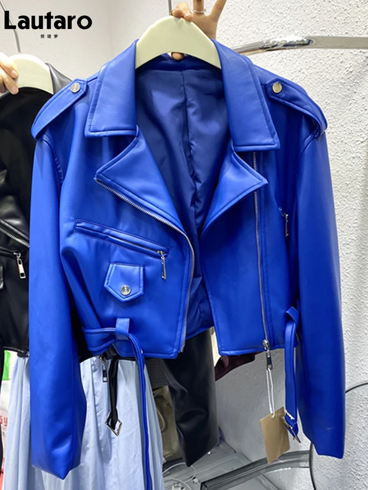 Lautaro Spring Autumn Short Blue Soft Pu Leather Biker Jacket Women Zipper Long Sleeve Belt Cool Luxury Designer Clothes 2022
