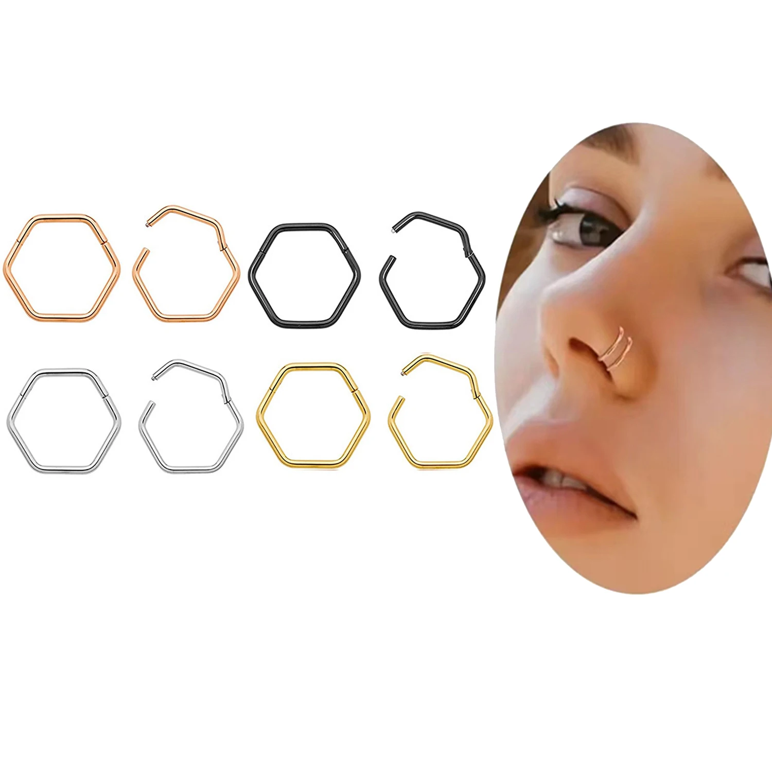 1Pc Stainless Steel Nose Rings Women Men Hexagon Geometric Nose Ring Septum Clicker Helix Earring Hoop Body Jewelry