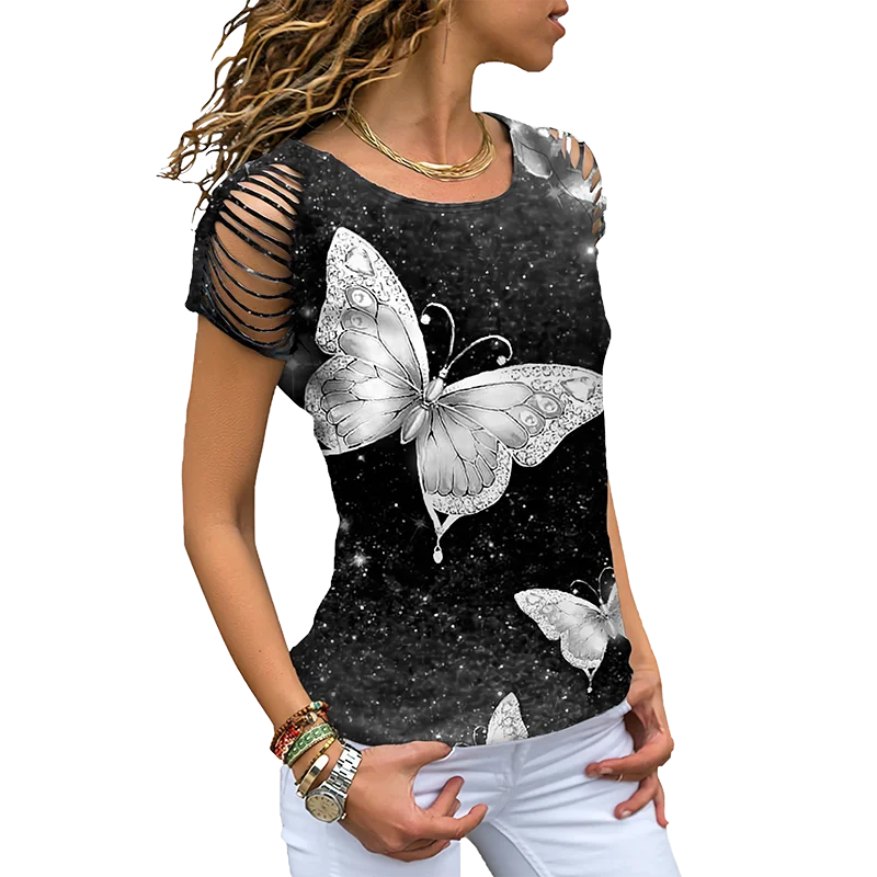 

Футболка женская с 3D-принтом бабочки, пикантный Топ, модная повседневная свободная уличная одежда с круглым вырезом и коротким рукавом, лет...