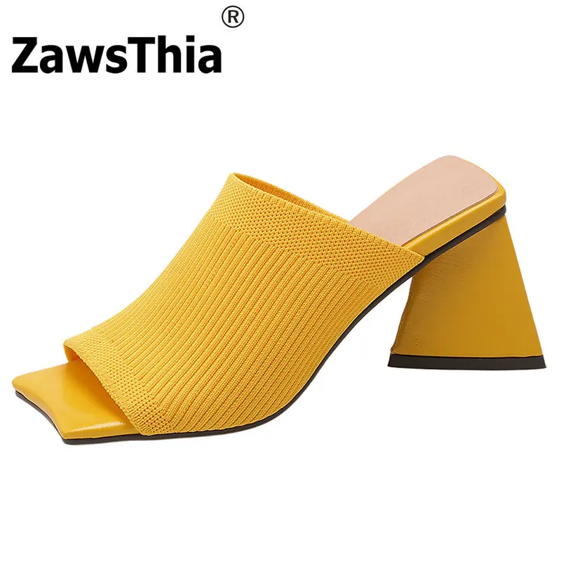 

Yellow Black 2022 Summer Fashion Womens Slippers Open Toe Knitted Stretch Acrylic Fabric Chunky High Heels Woman Slides Sandals