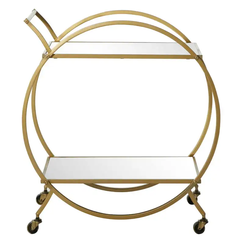 

, Glamorous, Round Iron Frame Cart with Mirror Shelving and Horizontal Handle, 27"W x 15"L x 30"H, Matte
