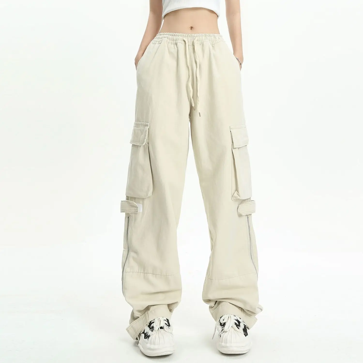 Vintage Women's Cargo Pants Solid Color Streetwear Low Waist Trousers Female 2022 Autumn Overalls Baggy Straight Pants