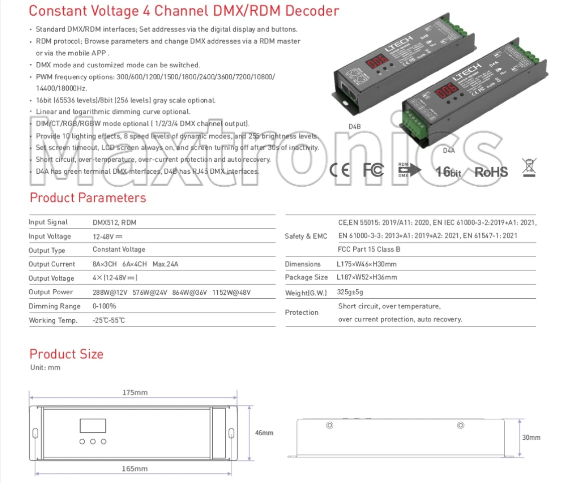 Фото LTECH DMX/RDM декодер DMX512 ведомый зеленый терминал/порт RJ45 4-канальный CV постоянное напряжение DC12-24V 6A/CH 24A (4CH) ЖК-дисплей №5