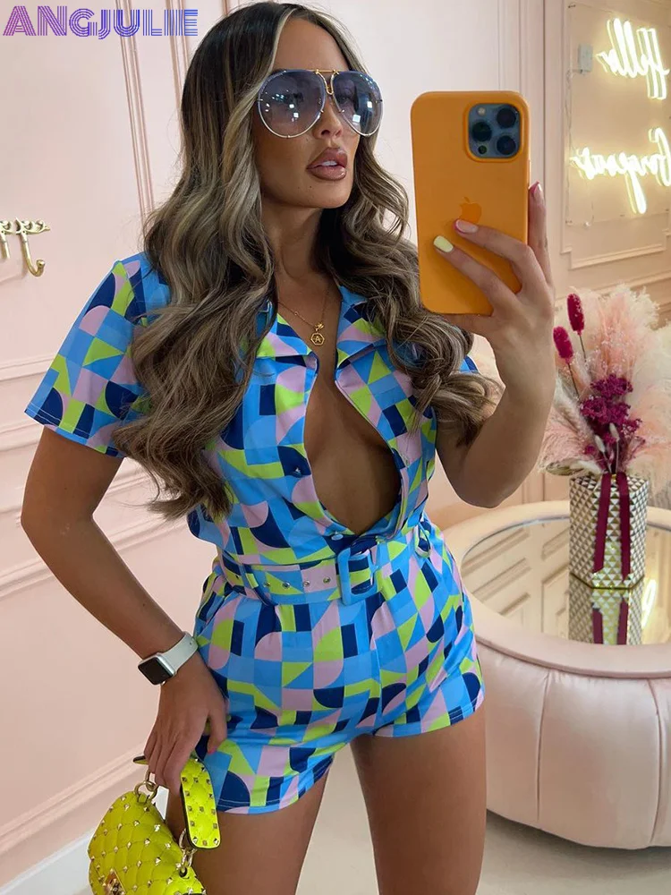 

Angjulie Geometric Print Rompers Womens Streetwear Y2K Sexy Women Clothes Fashion Trends 2022 One Piece Skinny Clubwear Jumpsuit