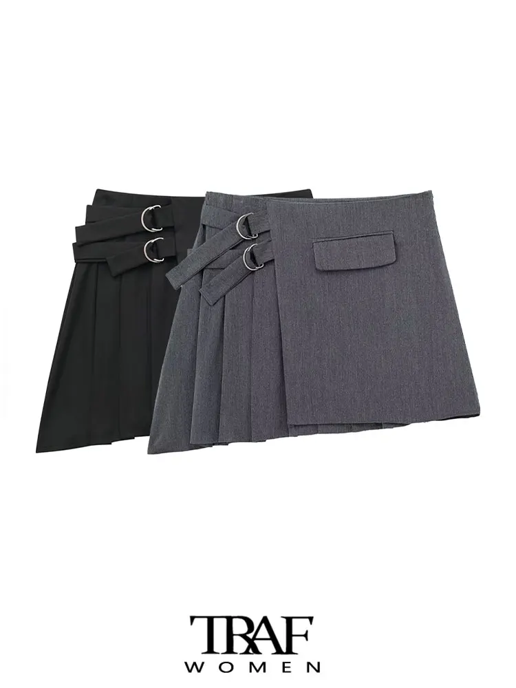 

TRAF Women Fashion With Belt Pleated Mini Skirt Vintage High Waist Side Zipper Female Skirts Mujer