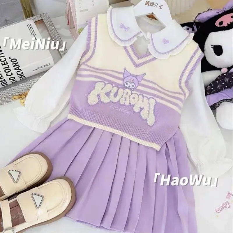 Autumn Knitted Three Piece Set Cute Girl Kuromi Knitted Vest Shirt Short Skirt Set Temperament Pleated Skirt Set Holiday Gift