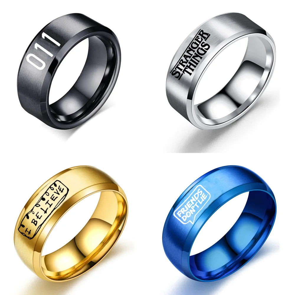 

Stranger Things Ring Eleven 011 Friends Don't Lie I Believe Letter Black Stainless Steel TV Series Show Jewelry Men Wholesale