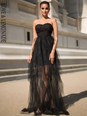 Женское вечернее платье макси LOVE & LEMONADE, черное вечерние-футляр в горошек с многослойными оборками, модель LM82387