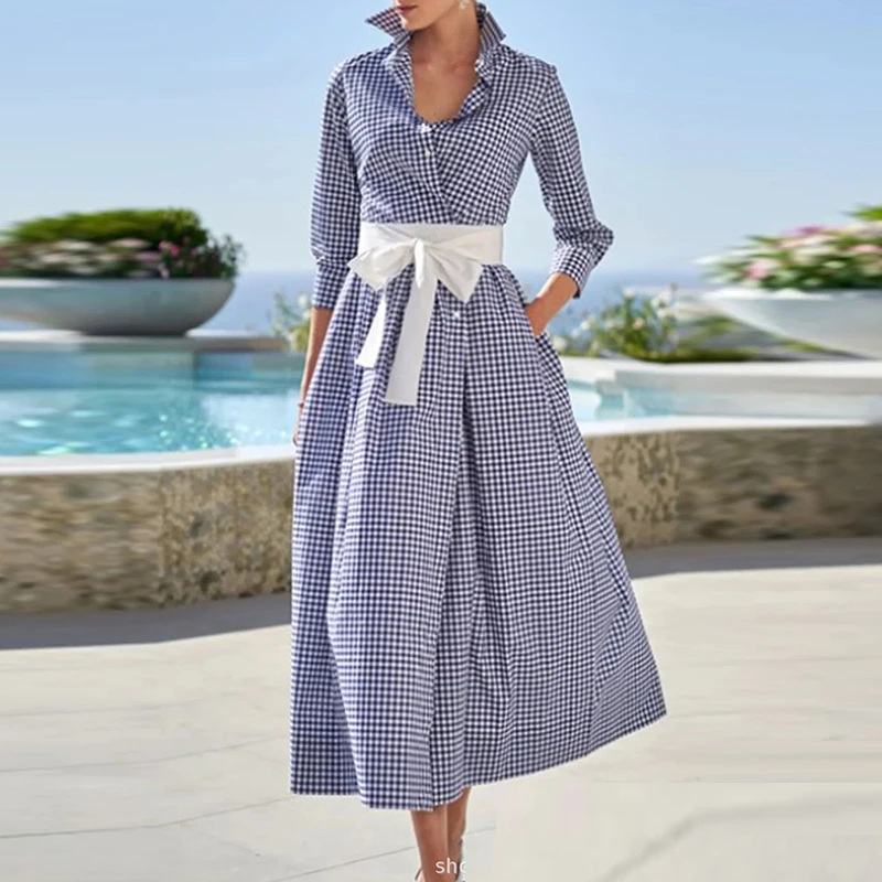 

Commuter High Waist Lace Up Dress Women Casual Plaid Print Big Hem Dress Fashion Seven Points Sleeve Lapel Single Button Dresses