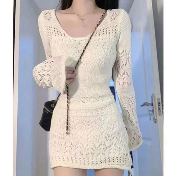 

Элегантные Ажурные вязаные прозрачные мини-платья, женские осенние облегающие Вязаные Короткие Платья с запахом на бедрах, 2023