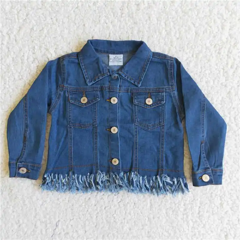 

Джинсовое пальто для маленьких девочек, Модная Джинсовая куртка на пуговицах для младенцев, темно-синяя куртка с лацканами и кисточками, оптовая продажа, Детская эксклюзивная одежда на осень и зиму