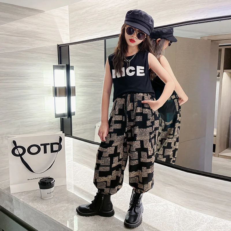 

Girls Clothing Sets Summer Letter Vest and Chiffon Pants 2Pcs Kids Outfits 5 6 8 12 Years Teenager Comfort Cool Children Clothes