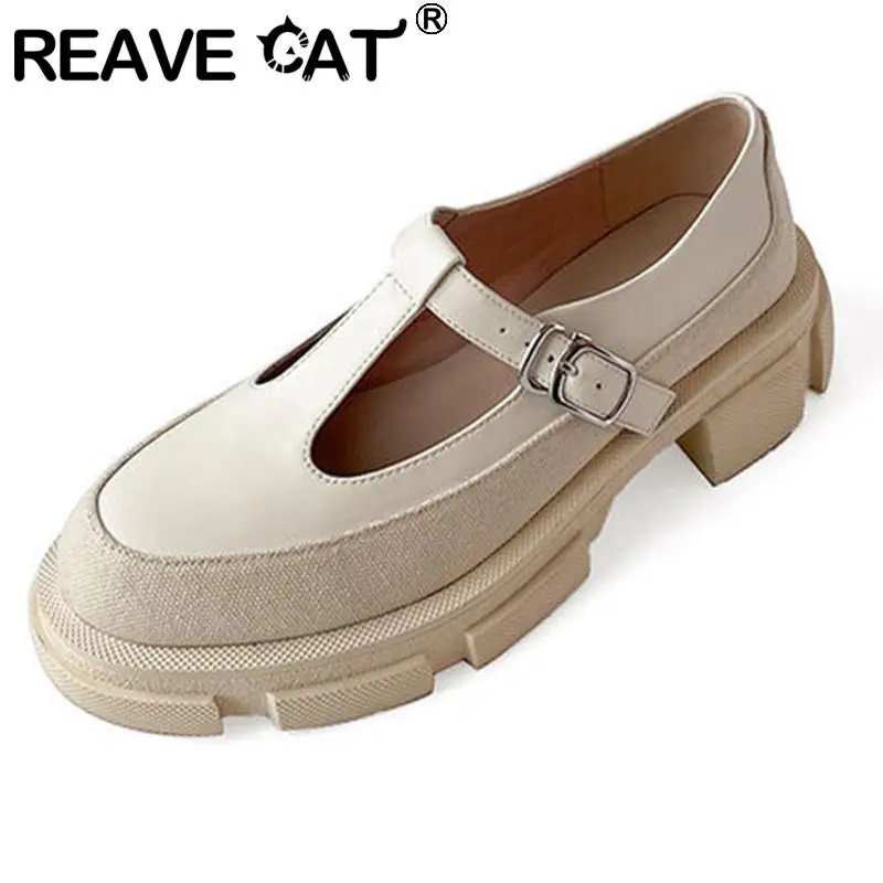 

REAVE CAT Full Grain Leather Women Pump Round Toe Thick Heels Platform T-bar Buckle Strap Casual 34-39 Solid Black Beige S3762