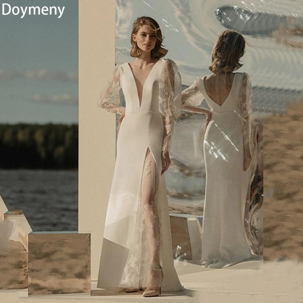

Doymeny Bridal Wedding Dress Sweep Train Zipper Satin V-Neck Appliques Pleat Long Sleeves Vintage Simple A-Line Robe De Mariée