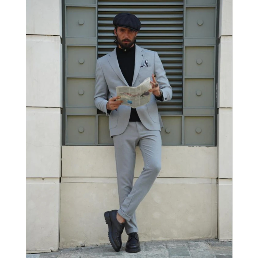 

Handsome Grey Mens Suits for Wedding Groom Tuxedo Two Pieces Jacket Pants Slim Fit Formal Business Office Prom Party Wear