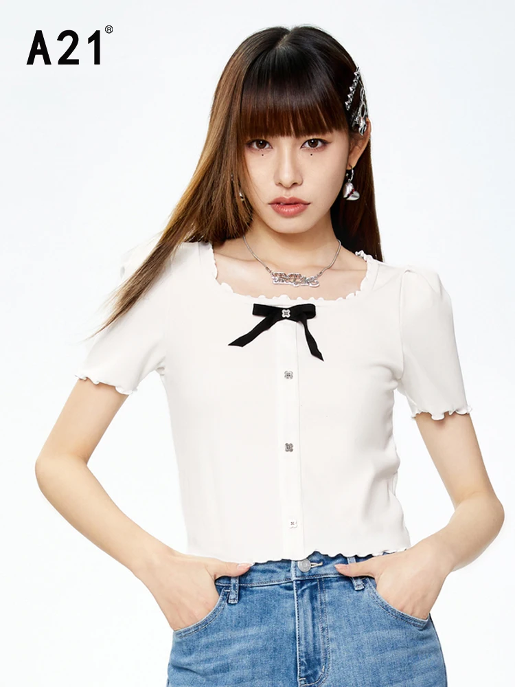 

A21 Women's Clothing Knitted Shorts Blouses 2022 Summer New Elasticity Slim Bubble Short-sleeved Square-neck Lace Casual Top