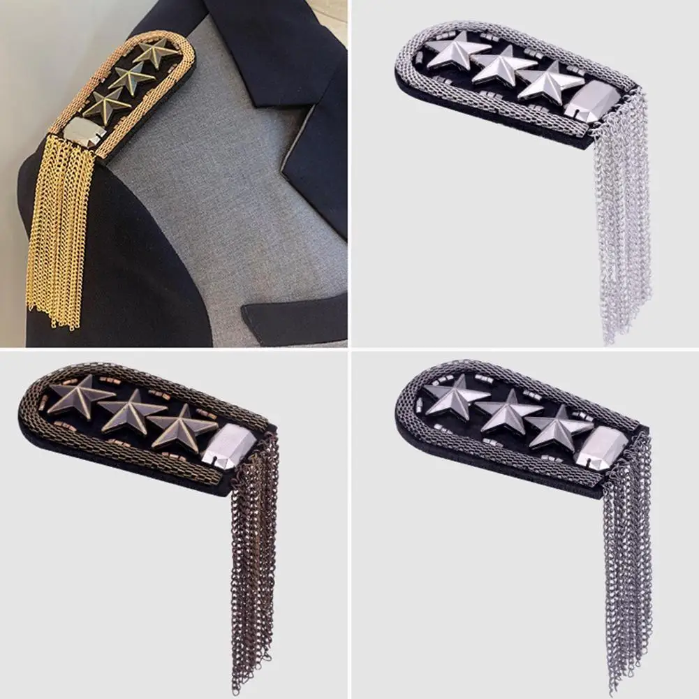 

1pc Five Star Tassel Chain Link Badges Military Star Shoulder Epaulette Pin Fabric Brooch Medal On Metal Epaulet Badge Bead W4z4