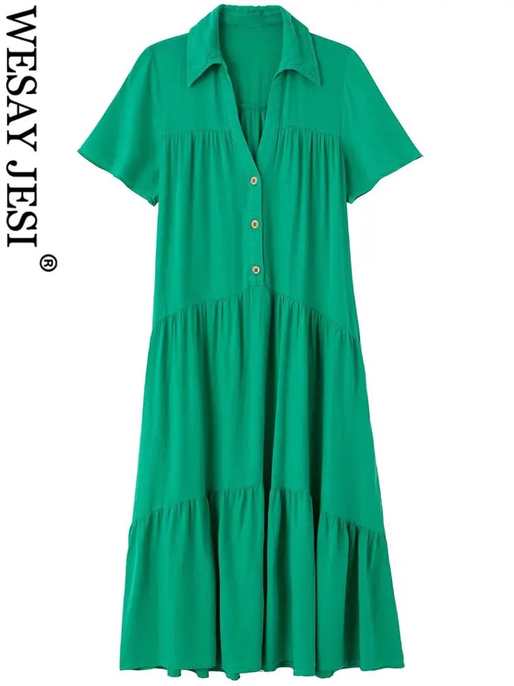 

WESAY JESI New Loose Simple Three Button Pullover Pockets Women's Dress Cotton Solid Color Daily Comfort Short Sleeve Lady Dress