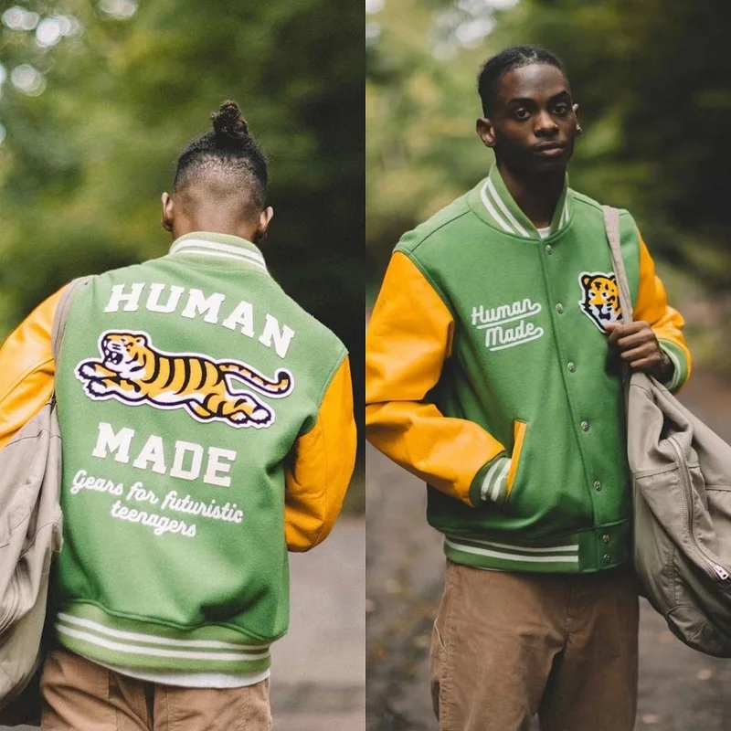 

Autumn Winter HUMAN MADE Thick Baseball Jacket Leather Sleeve Men Women Uniform