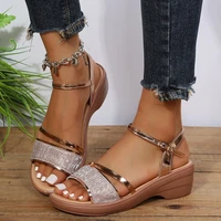 summer new womens sandals fashion wedge heel buckle design fashion comfortable breathable sandals gold silver platform sandals