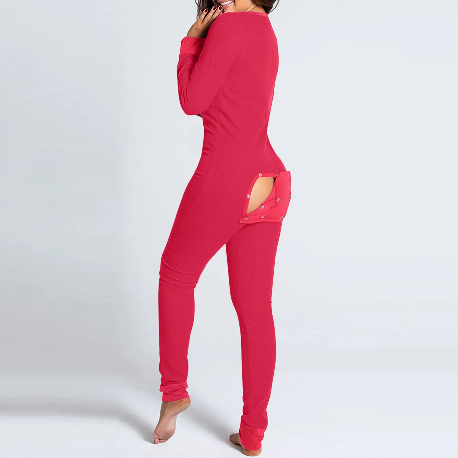 

Women'S Sexy Onesie Pajama Long Sleeve One Piece Bodysuit Pron Butt Flap Onesie Bodycon Rompers Overall Ladies Nightgown