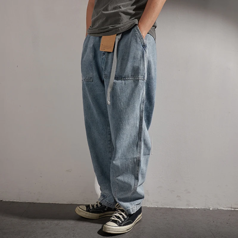 American Heavy washed Vintage light blue jeans men's Japanese fashion brand loose straight wide leg pants fashion
