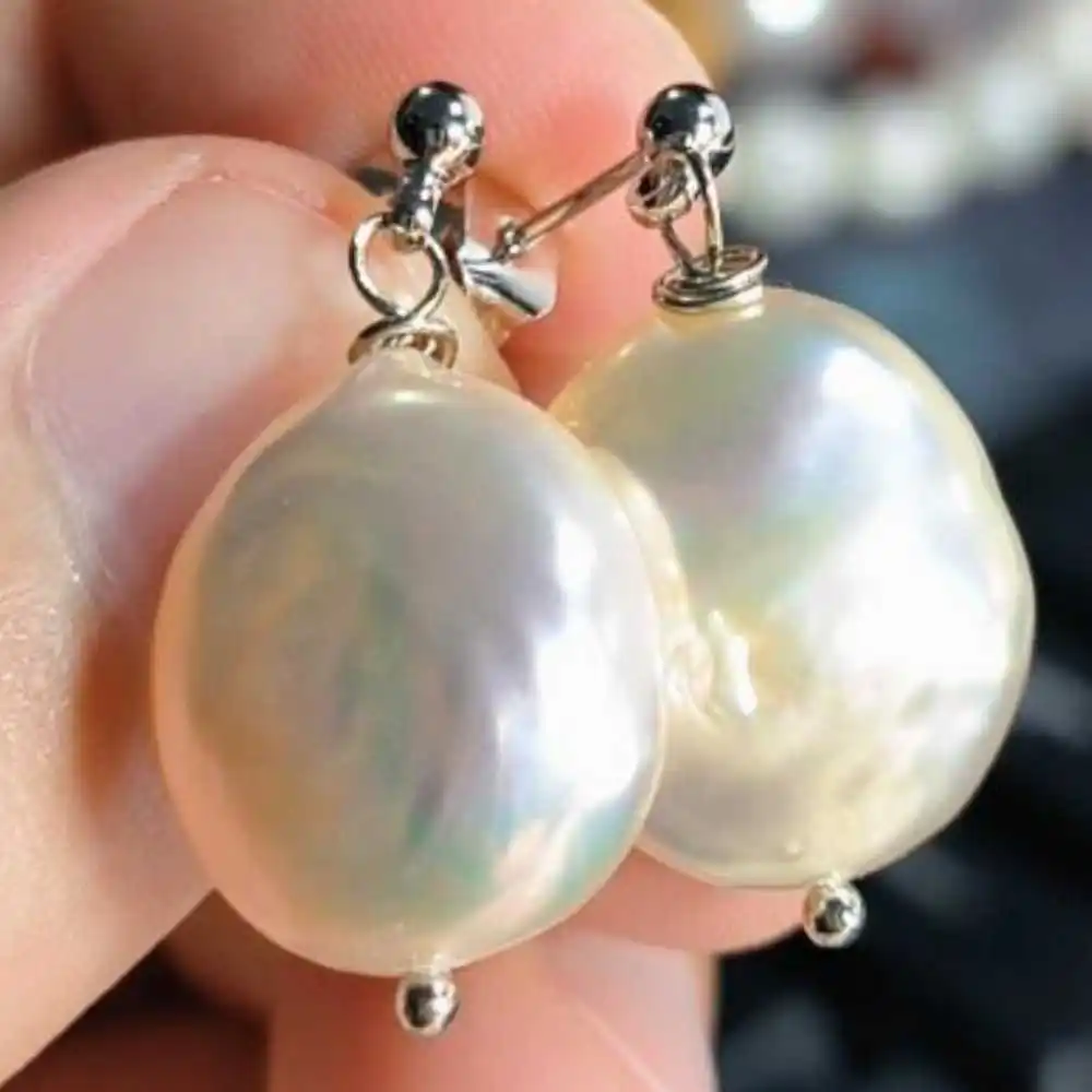 

15-16MM Natural AAA Baroque White Coin pearl Earrings 14K Cultured Halloween Jewelry CARNIVAL Wedding Diy Thanksgiving Women