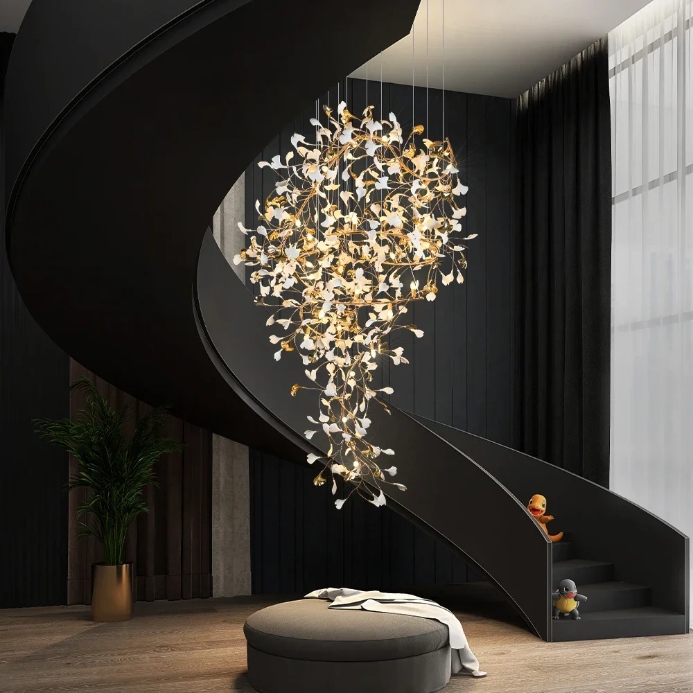 Роскошные современные большие листья гинкго подвесные лестницы люстры для зала