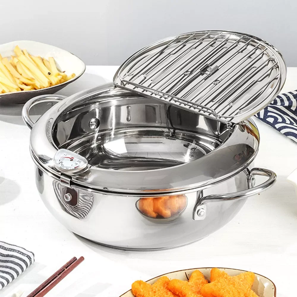 

Kitchen Deep Frying Pot with Thermometer and Lid 304 Stainless Steel Tempura Fried Chicken Mini Fryer Pan Cookware Kitchen Pot