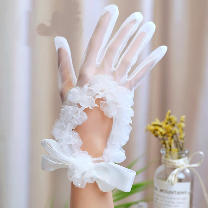 

Fairy white soft gauze flowers girly sweet bride dreamy hollow gloves studio hand accessories