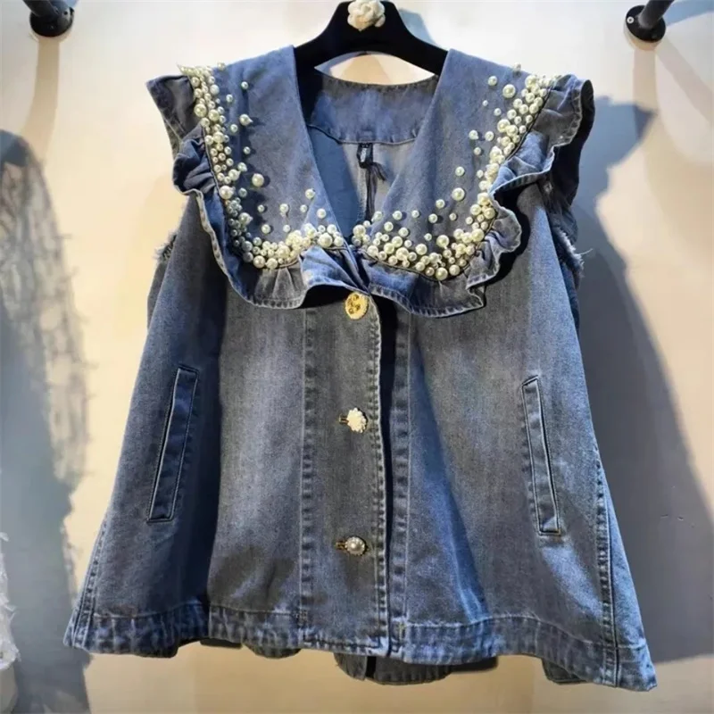 

fashion Pearl beaded doll collar Cowboy vest Blue short coat Spring Autumn chic Fake pocket Sleeveless denim waistcoat jacket