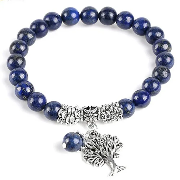 

8mm Natural lapis lazuli Beads Bracelet For Women Men Elastic rope Pendant Tree life Charm Healing Balance Summer Jewelry Gift