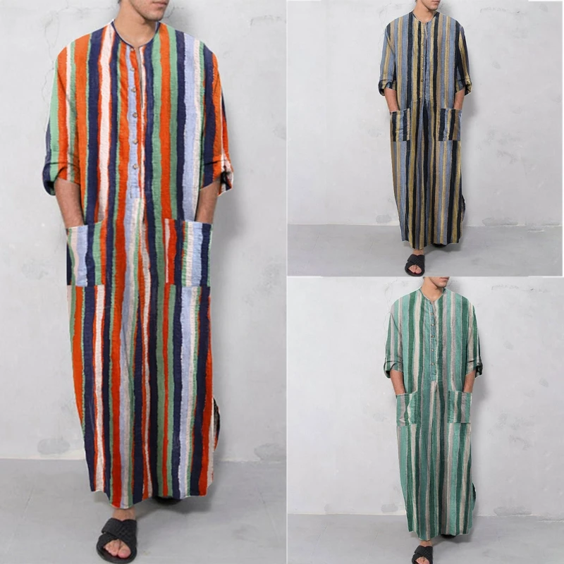 Muslim Robe Men Stripe Thobe w/ Pockets Long Sleeves Muslim Clothing Breathable Eid Middle East Jubba Thobe Muslim Dress