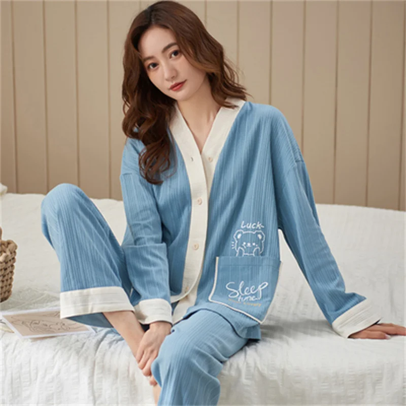 Pajamas Set Casual Sleepwear For Women Elastic Soft Cotton Pyjama Women's Sweet Cartoon V-Neck Homewear Clothes Big Size