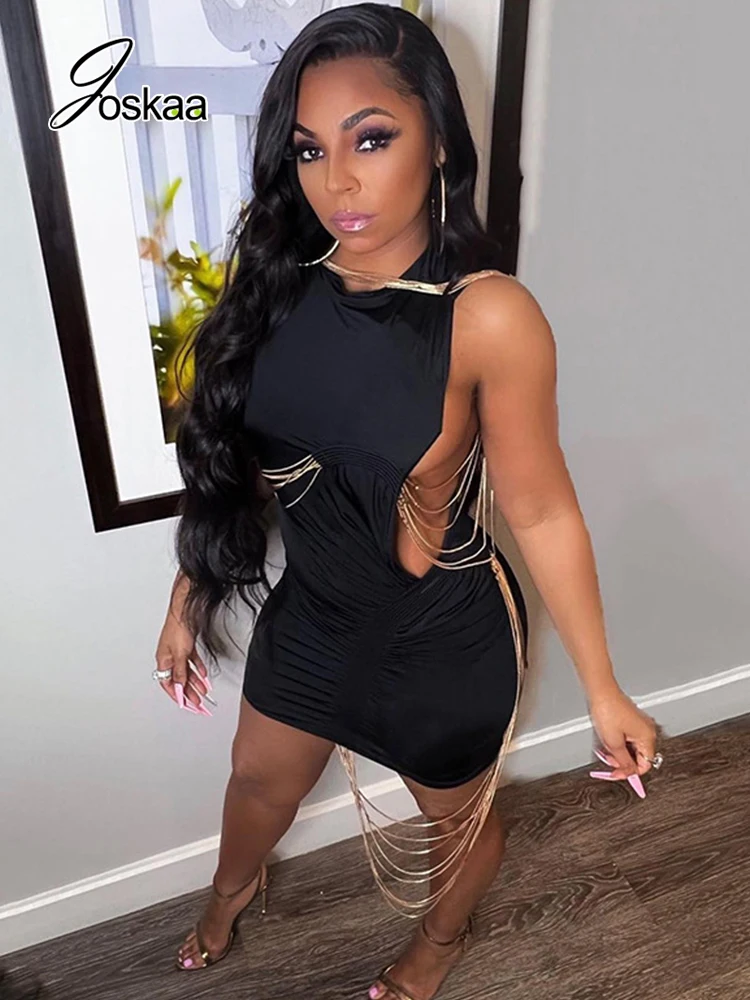 

Joskaa Black Round Neck Sleeveless Tassel Mini Summer Dresses Women 2022 Chic and Elegant Woman Dress Sexy Night Club Clothes