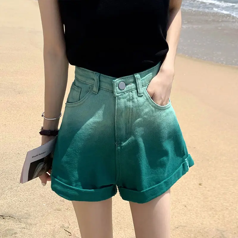 Green gradient denim shorts female summer new loose Korean casual wild high-waist a-line wide-leg hot pants jeans