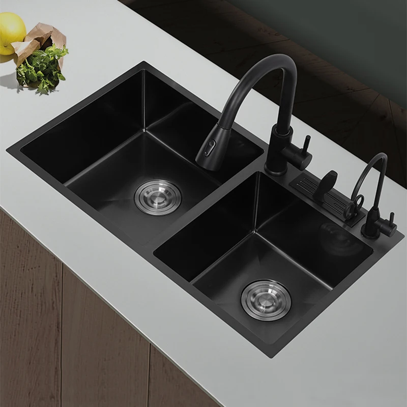 304 Stainless Steel Double Bowls Kitchen Sink With Knife-Holder Drop-in Or Undermount Dark Gray Basin With Drainage Accessories