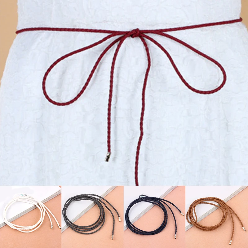 

Women Leather Braided Belt Solid Color Woven Knotted Straps Ultra-thin Waist Chain Skinny Dresses String Waistband 160cm