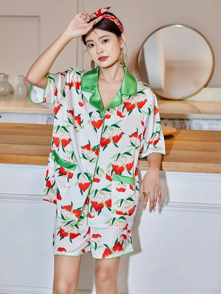 Summer Strawberry Manor High Sense Ice Silk Short Sleeve Ladies Pajamas пижама женская pajama set  سكسي نيك