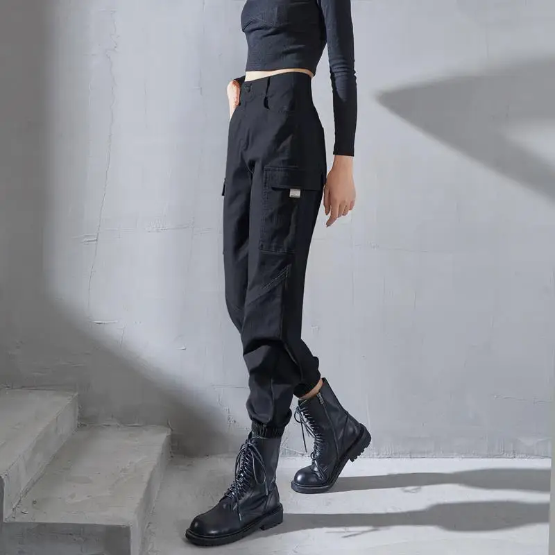 

Women Cargo Pants Female Fashion Pockets Jogger Elastics Waist Streetwear Ladies Loose Wide Leg Pocket Straight Sweatpants G104