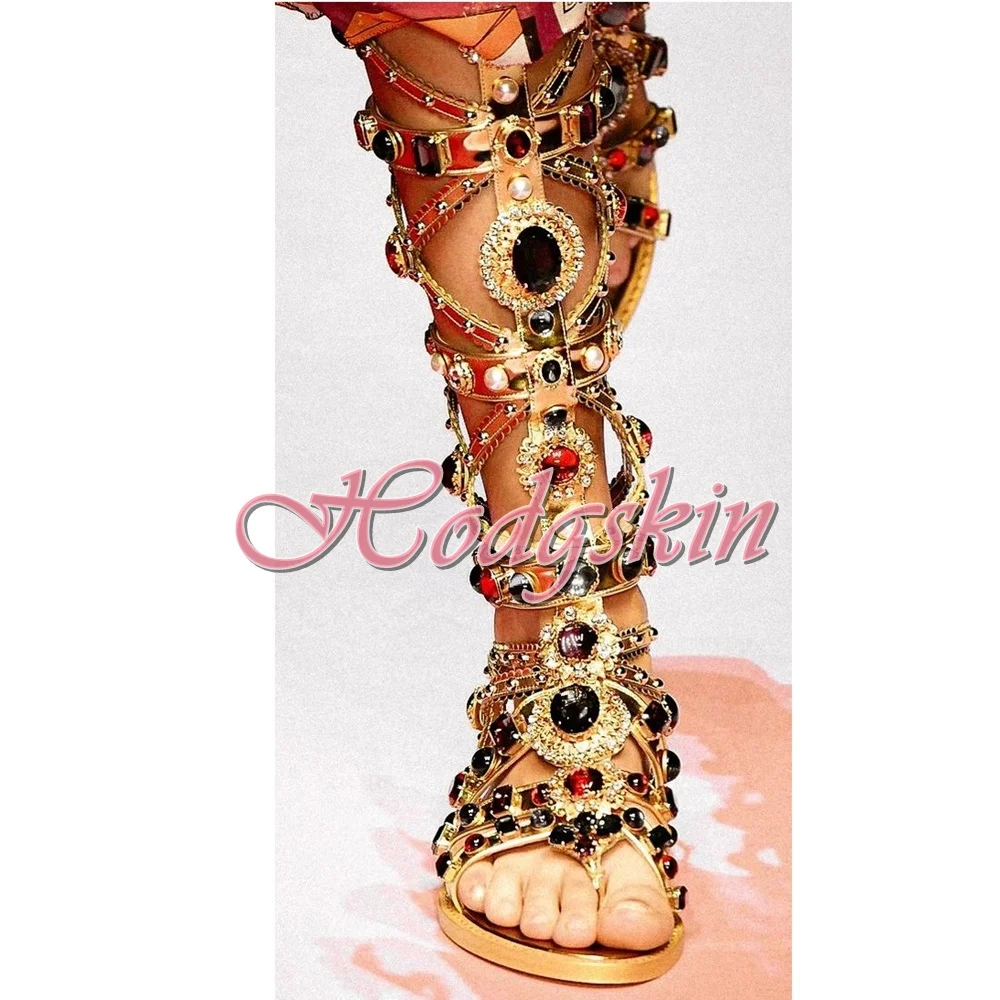 

Crystal Bling Flat With Sandals Open Toe Metal Gemstone New Style Sandals Women Sexy Shoes Zipper Party Runway Summer Designer