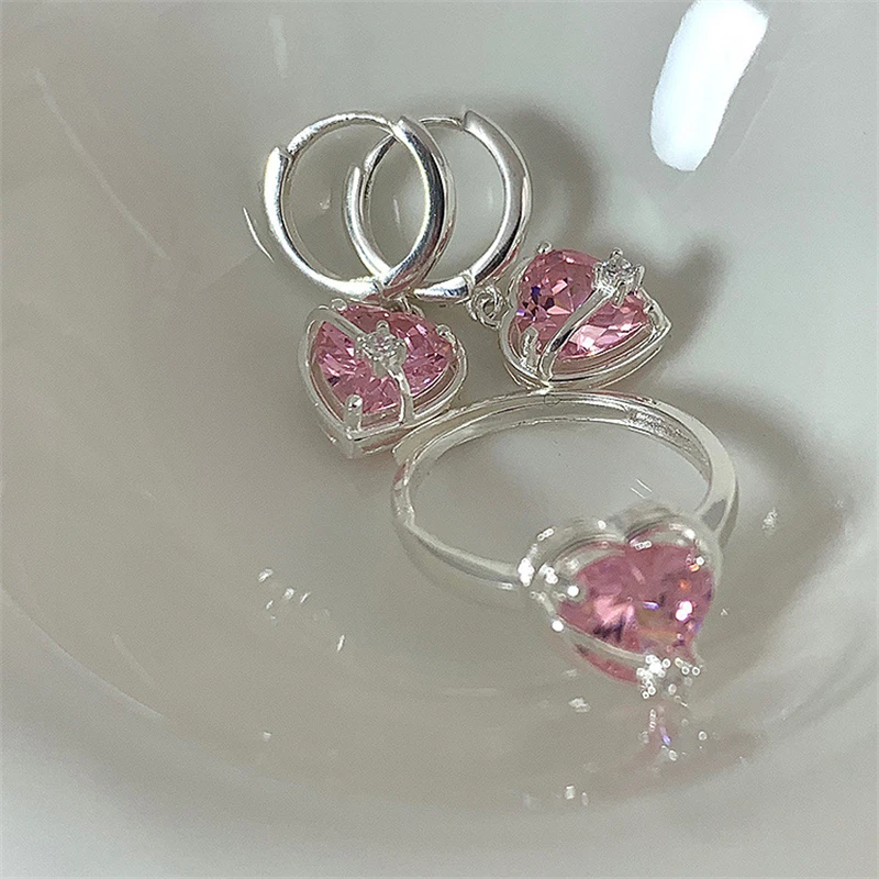 

Korean Fashion Vintage Pink Zircon Love Heart Rings Earring for Women Girls Aesthetic Set Necklace Jewelry Wholesale Accessories