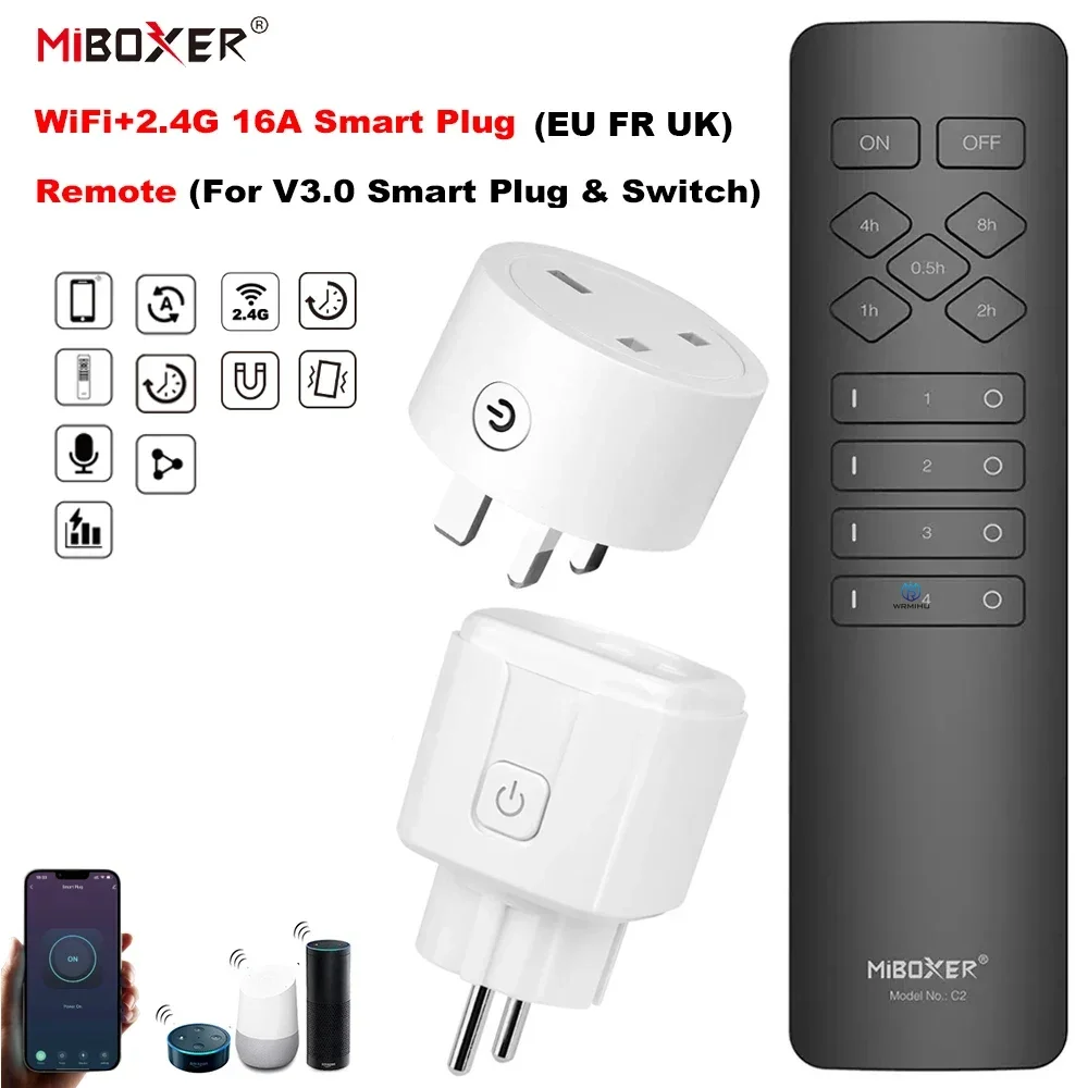 Miboxer C2 Remote 2.4G 16A Wi-Fi Smart Socket Plug EU FR UK Tuya Life APP Энергопотребление Статистика RF