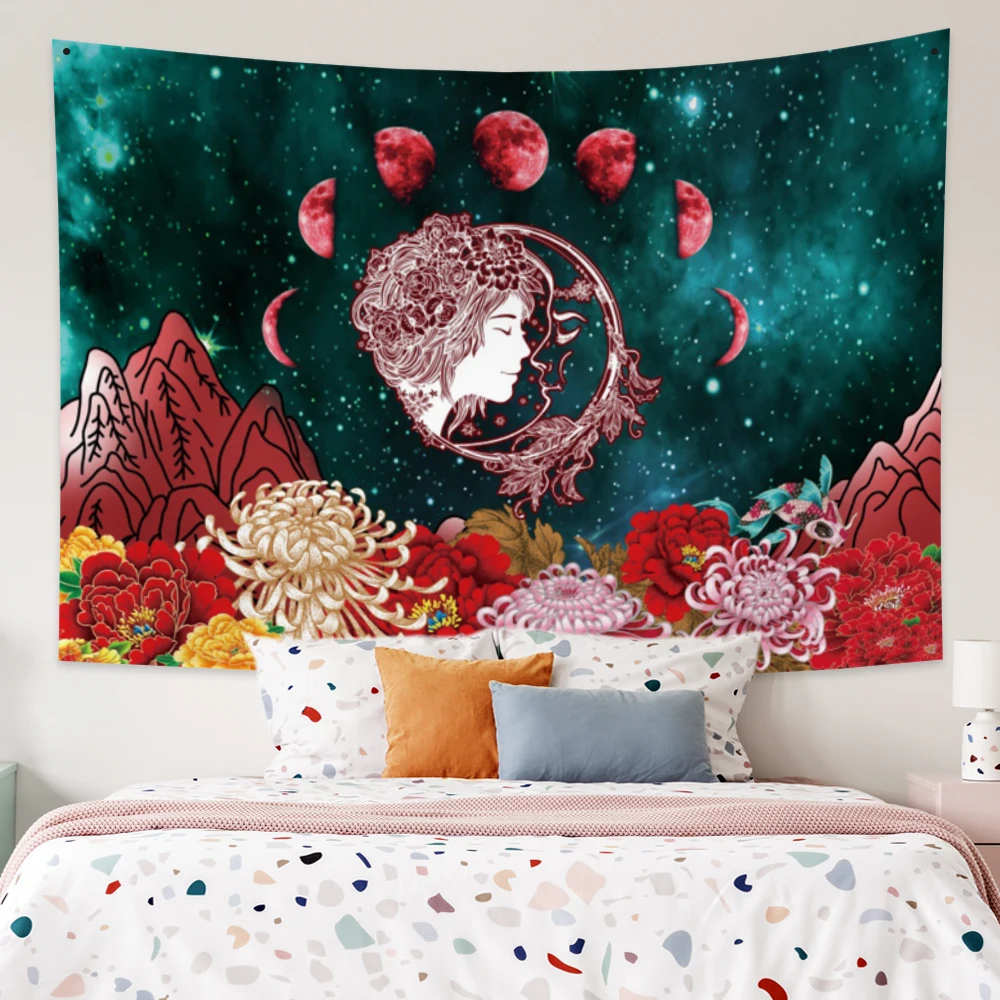 

Magical Moon Star Beauty Tapestry Aesthetic Mountain Chrysanthemum Hippie Boho Wall Hanging For Living Room Dormitory Decoration