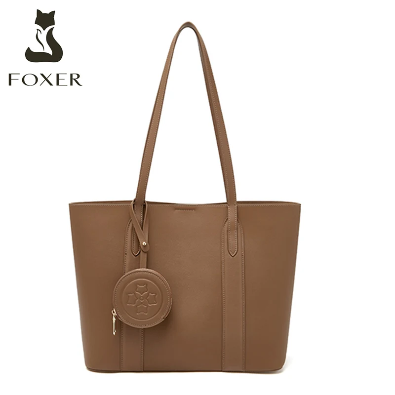 FOXER Women Shoulder Bags Lady Commuter Handbags Fashion Totes Split Leather Top Handle Bags Large Capacity Office Bag Big Purse