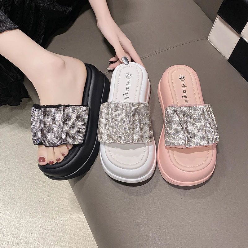 Women Luxury Rhinestone Wedges Slippers Summer Platform Thick Botttom Sandals Woman Bling PU Leather Anti-Slip Slide 7CM Slipper
